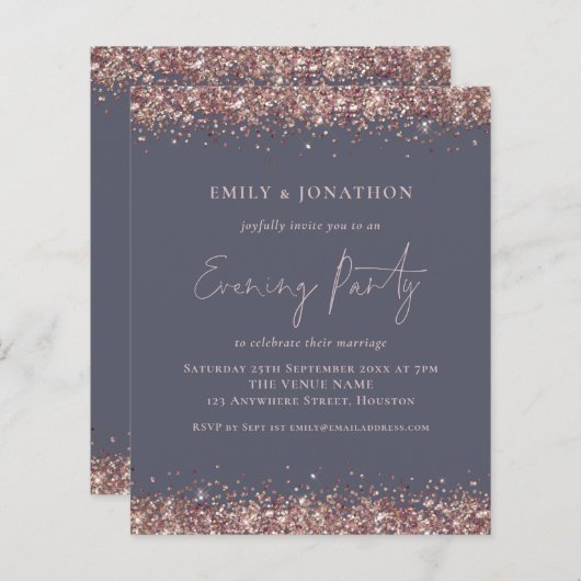 BUDGET Roos Gold Glitter Grey Evitation Invitation (Voorkant / Achterkant)