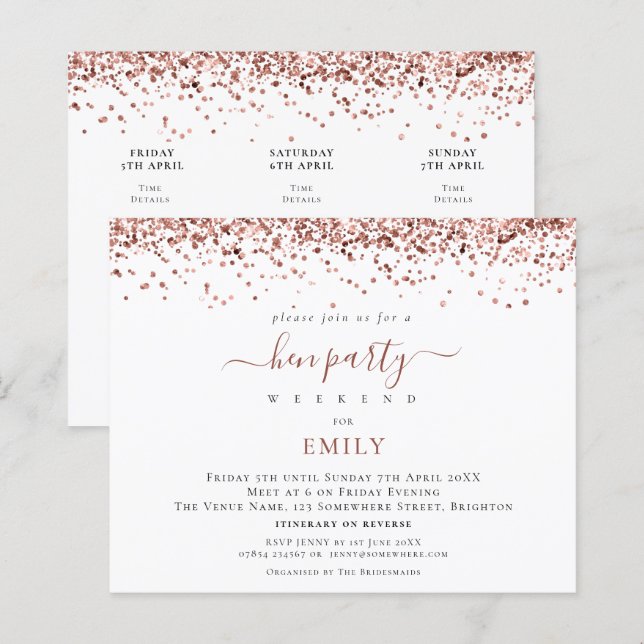 Budget Roos Gold Glitter Hen Do Itinerary Invite (Voorkant / Achterkant)