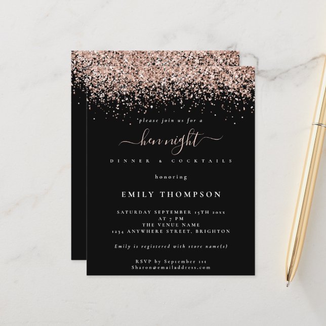Budget Roos Gold Glitter Hen Night Black Invite (Voorkant / Achterkant in situ)