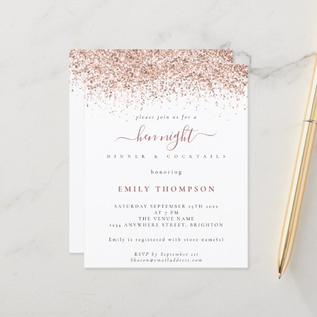 Budget Roos Gold Glitter Hen Night White Invite (Voorkant / Achterkant in situ)
