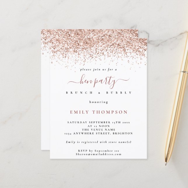 Budget Roos Gold Glitter Hen Party White Invite (Voorkant / Achterkant in situ)