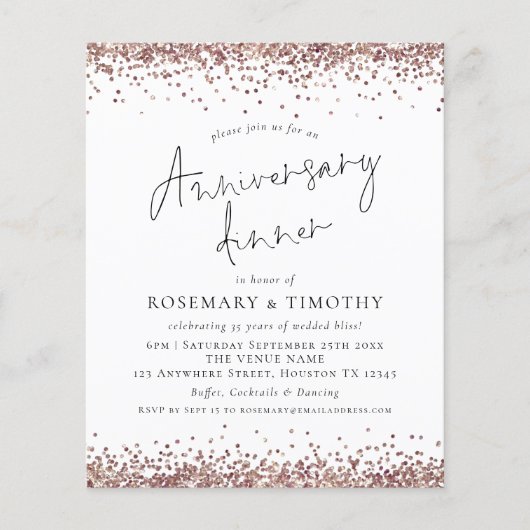 Budget Roos Gold Glitter Jubileum Dinner Invite (Voorkant)