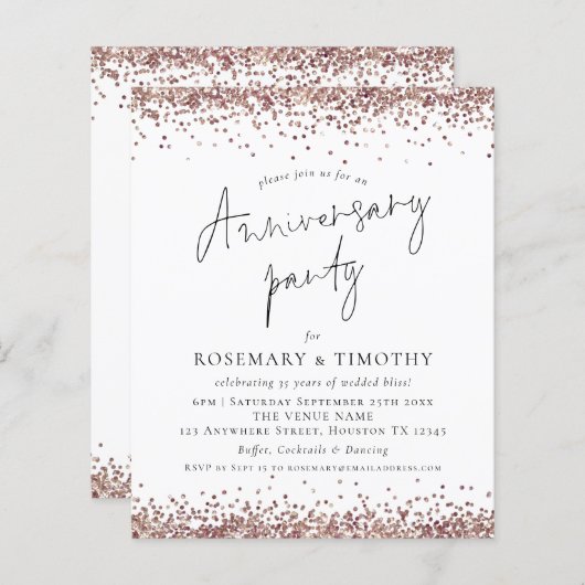 Budget Roos Gold Glitter Jubileum Party nodigt uit (Voorkant / Achterkant)