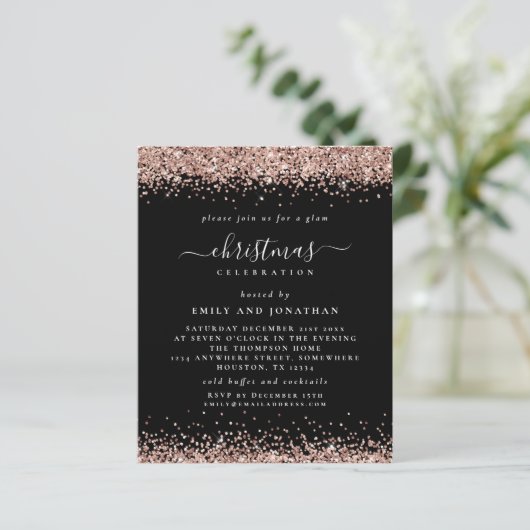 Budget Roos Gold Glitter-kerstmis - uitnodiging (Staand voorkant)