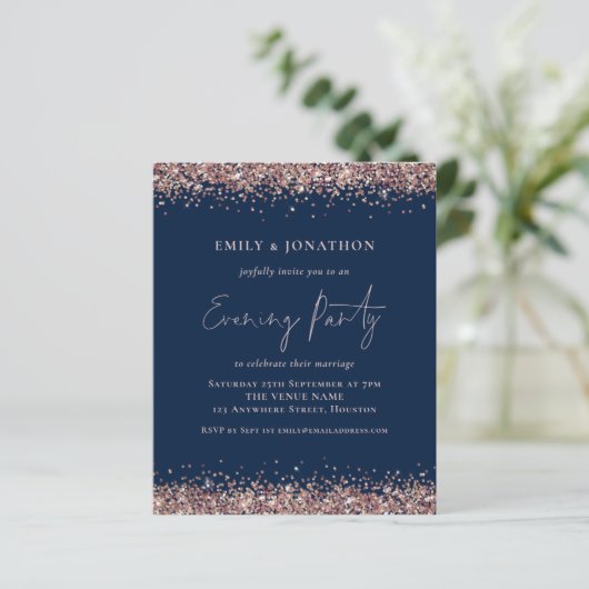 BUDGET Roos Gold Glitter Navy Avond Uitnodiging (Staand voorkant)