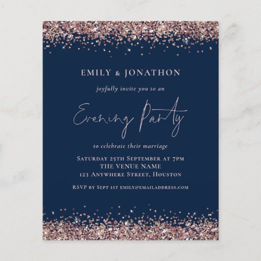 BUDGET Roos Gold Glitter Navy Avond Uitnodiging (Voorkant)