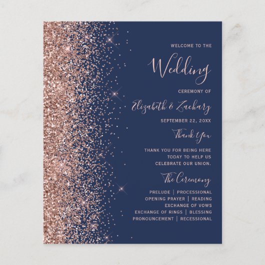 Budget Roos Gold Glitter Navy Blue Wedding Program (Voorkant)