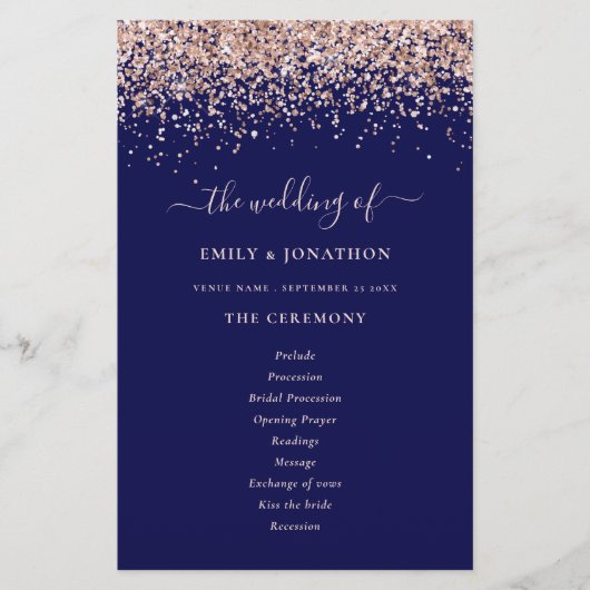 Budget Roos Gold Glitter Navy Blue Wedding Program (Voorkant)