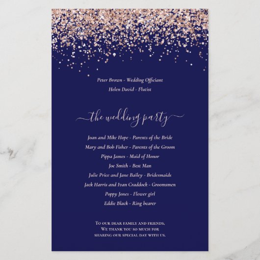 Budget Roos Gold Glitter Navy Blue Wedding Program (Achterkant)