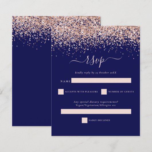 Budget Roos Gold Glitter Navy Blush Wedding RSVP (Voorkant / Achterkant)