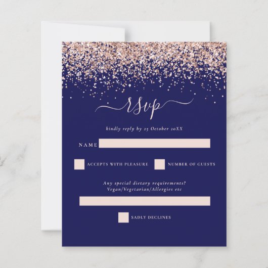 Budget Roos Gold Glitter Navy Blush Wedding RSVP (Voorkant)