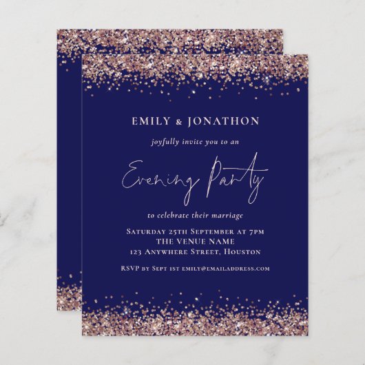 BUDGET Roos Gold Glitter Navy Evening Party nodigt (Voorkant / Achterkant)