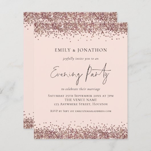 BUDGET Roos Gold Glitter Pink Evitation Invitation (Voorkant / Achterkant)