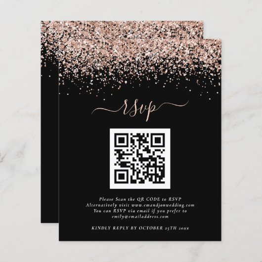 Budget Roos Gold Glitter QR Black Weddenschap RSVP (Voorkant / Achterkant)