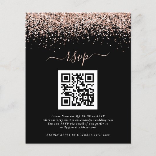 Budget Roos Gold Glitter QR Black Weddenschap RSVP (Voorkant)
