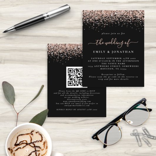 Budget Roos Gold Glitter QR Black Wedding Invite