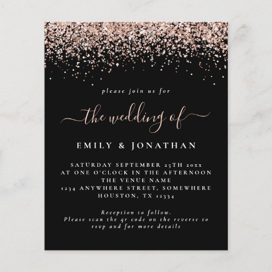 Budget Roos Gold Glitter QR Black Wedding Invite (Voorkant)