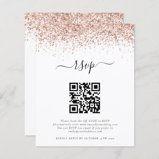 Budget Roos Gold Glitter QR Code Weddenschap RSVP (Voorkant / Achterkant)