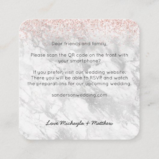 Budget Roos Gold Glitter QR Code Weddenschap Uitno Vierkante Visitekaartje (Achterkant)