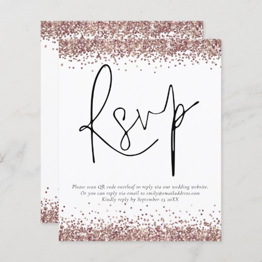 Budget Roos Gold Glitter QR Code Wedding RSVP enc (Voorkant / Achterkant)