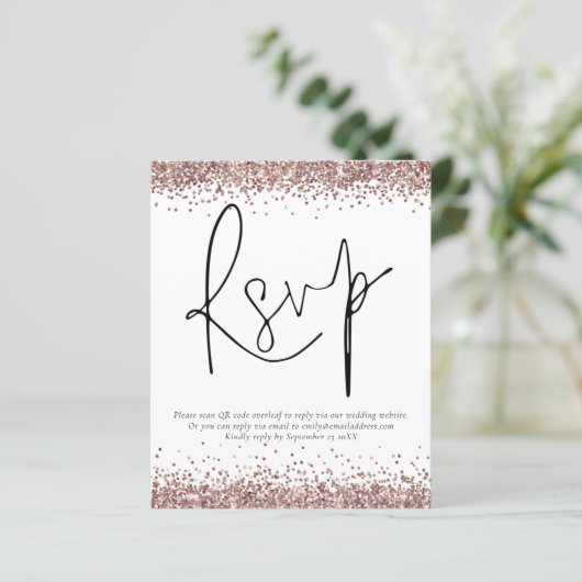 Budget Roos Gold Glitter QR Code Wedding RSVP enc (Staand voorkant)