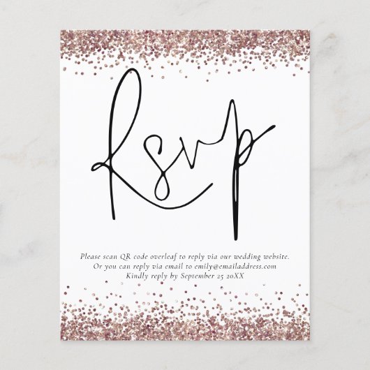 Budget Roos Gold Glitter QR Code Wedding RSVP enc (Voorkant)