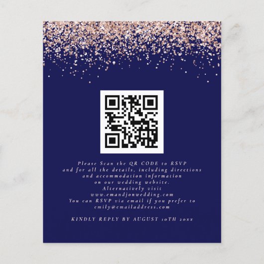Budget Roos Gold Glitter QR Navy Wedding Invite (Achterkant)