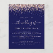 Budget Roos Gold Glitter QR Navy Wedding Invite (Voorkant)