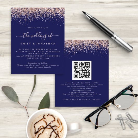Budget Roos Gold Glitter QR Navy Wedding Invite