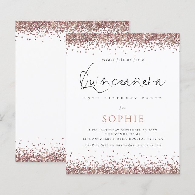 Budget Roos Gold Glitter Quinceanera Party Invite (Voorkant / Achterkant)