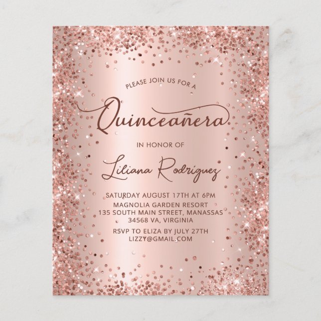 Budget Roos Gold Glitter Quinceanera Uitnodiging (Voorkant)