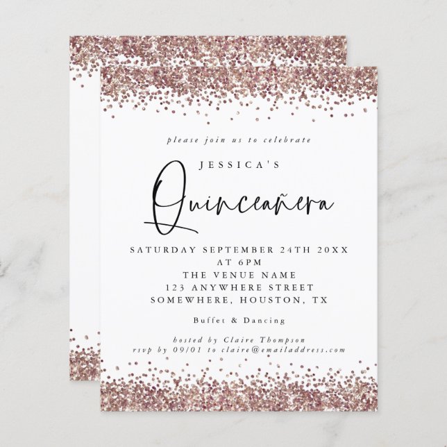 Budget Roos Gold Glitter Quinceanera Uitnodiging (Voorkant / Achterkant)