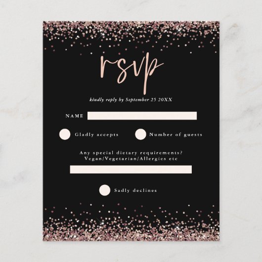 Budget Roos Gold Glitter Script Black RSVP (Voorkant)