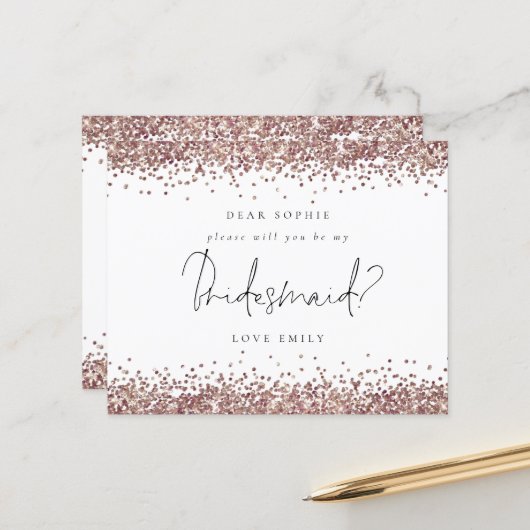 Budget Roos Gold Glitter Script Bridesmaid Request (Voorkant / Achterkant in situ)