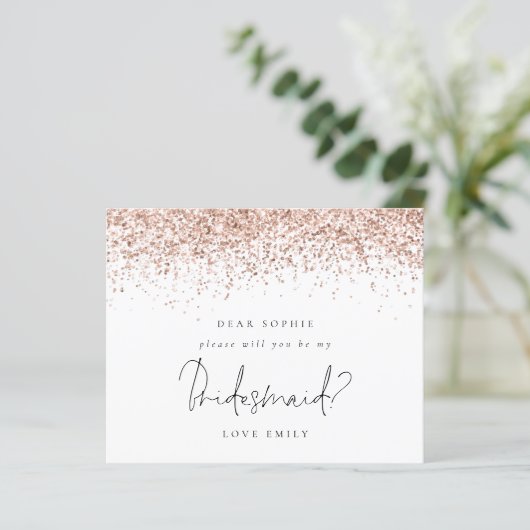Budget Roos Gold Glitter Script Bridesmaid Request (Staand voorkant)