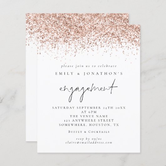 Budget Roos Gold Glitter Script Verloving Uitnodig (Voorkant / Achterkant)