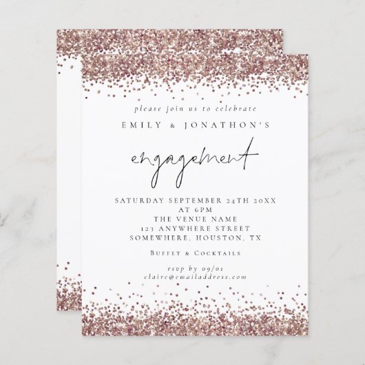 Budget Roos Gold Glitter Script Verloving Uitnodig (Voorkant / Achterkant)