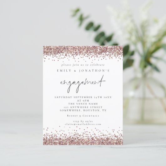 Budget Roos Gold Glitter Script Verloving Uitnodig (Staand voorkant)