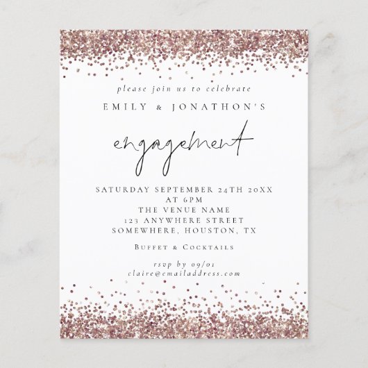 Budget Roos Gold Glitter Script Verloving Uitnodig (Voorkant)