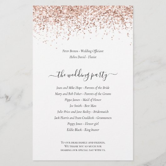 Budget Roos Gold Glitter Script Weddenprogramma (Achterkant)