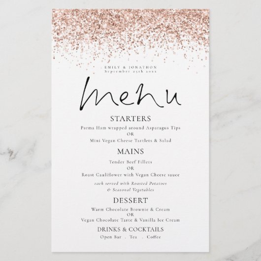 Budget Roos Gold Glitter Script Weduwmenu (Voorkant)