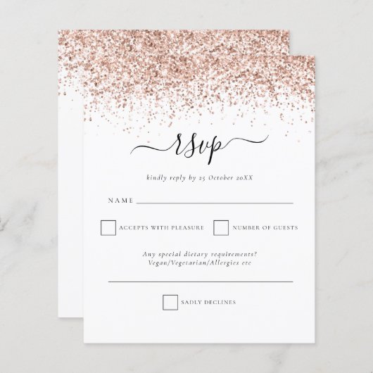 Budget Roos Gold Glitter Script Weduwschap RSVP (Voorkant / Achterkant)
