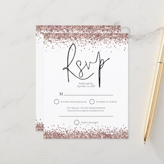 Budget Roos Gold Glitter Script Weduwschap RSVP (Voorkant / Achterkant in situ)