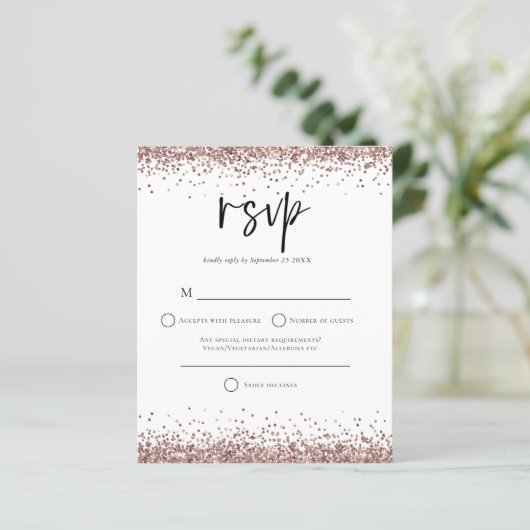 Budget Roos Gold Glitter Script Weduwschap RSVP (Staand voorkant)