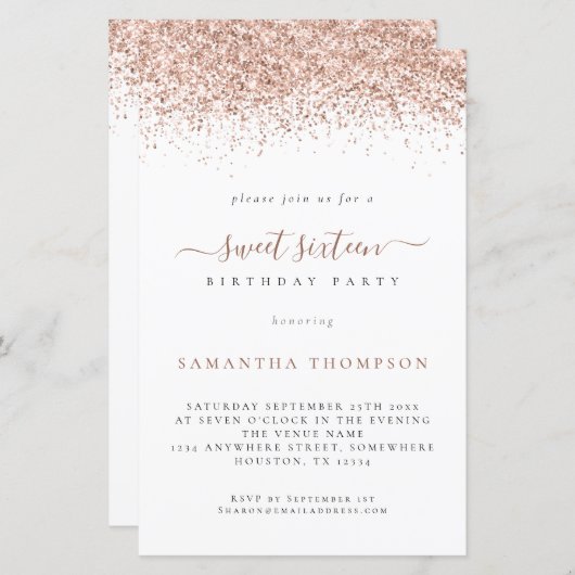 Budget Roos Gold Glitter Sweet 16 Birthday Invite (Voorkant / Achterkant)