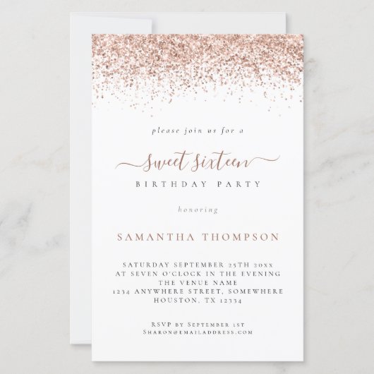 Budget Roos Gold Glitter Sweet 16 Birthday Invite (Voorkant)