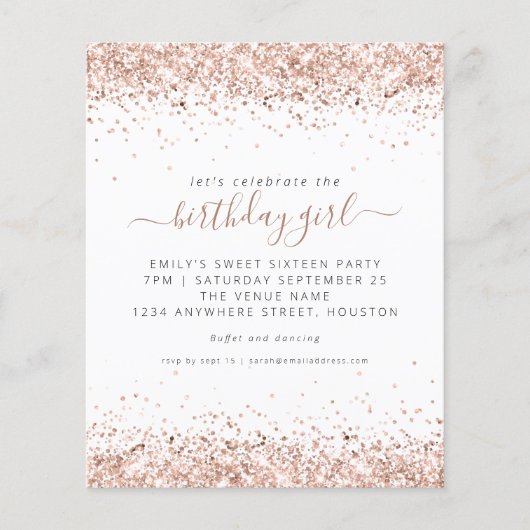 Budget Roos Gold Glitter Sweet 16 Party Invitation (Voorkant)