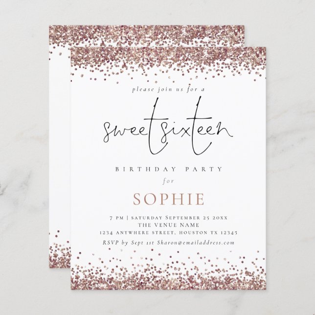 Budget Roos Gold Glitter Sweet 16 Party Invite (Voorkant / Achterkant)