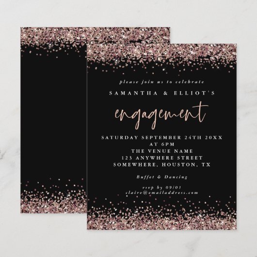 Budget Roos Gold Glitter Verloving Black Uitnodigi (Voorkant / Achterkant)