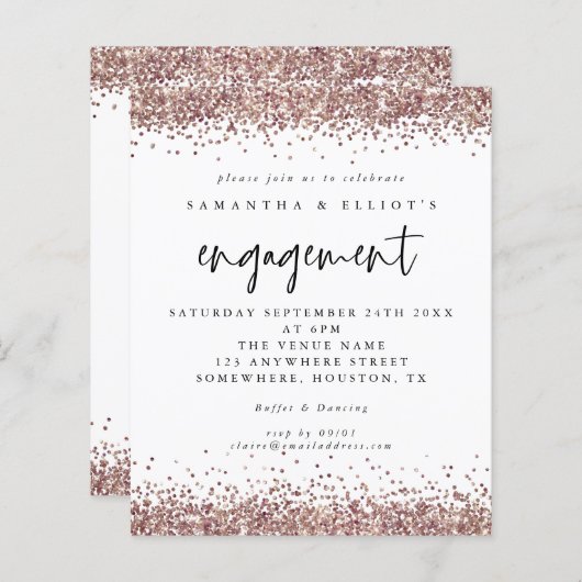Budget Roos Gold Glitter Verloving White Invite (Voorkant / Achterkant)